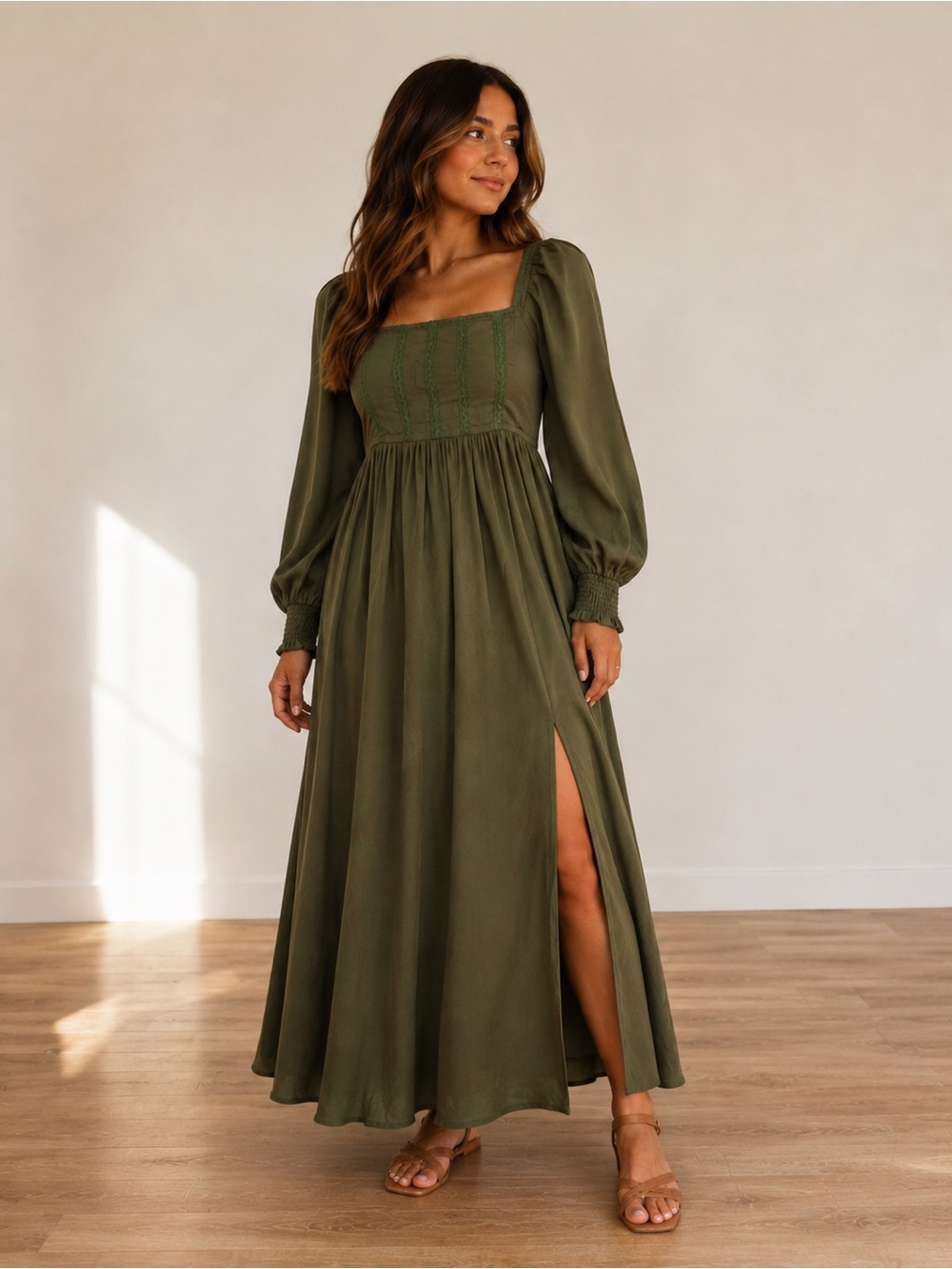 IN LOOM Olive Green bohemian renaissance Maxi Dress Size S